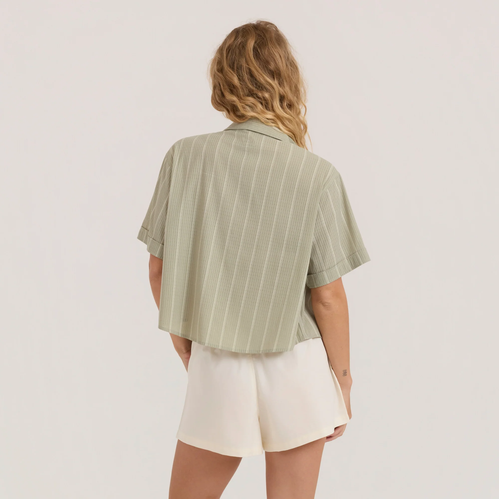 Bless Up Cropped Button Up Shirt - Sage Stripe - Image 3