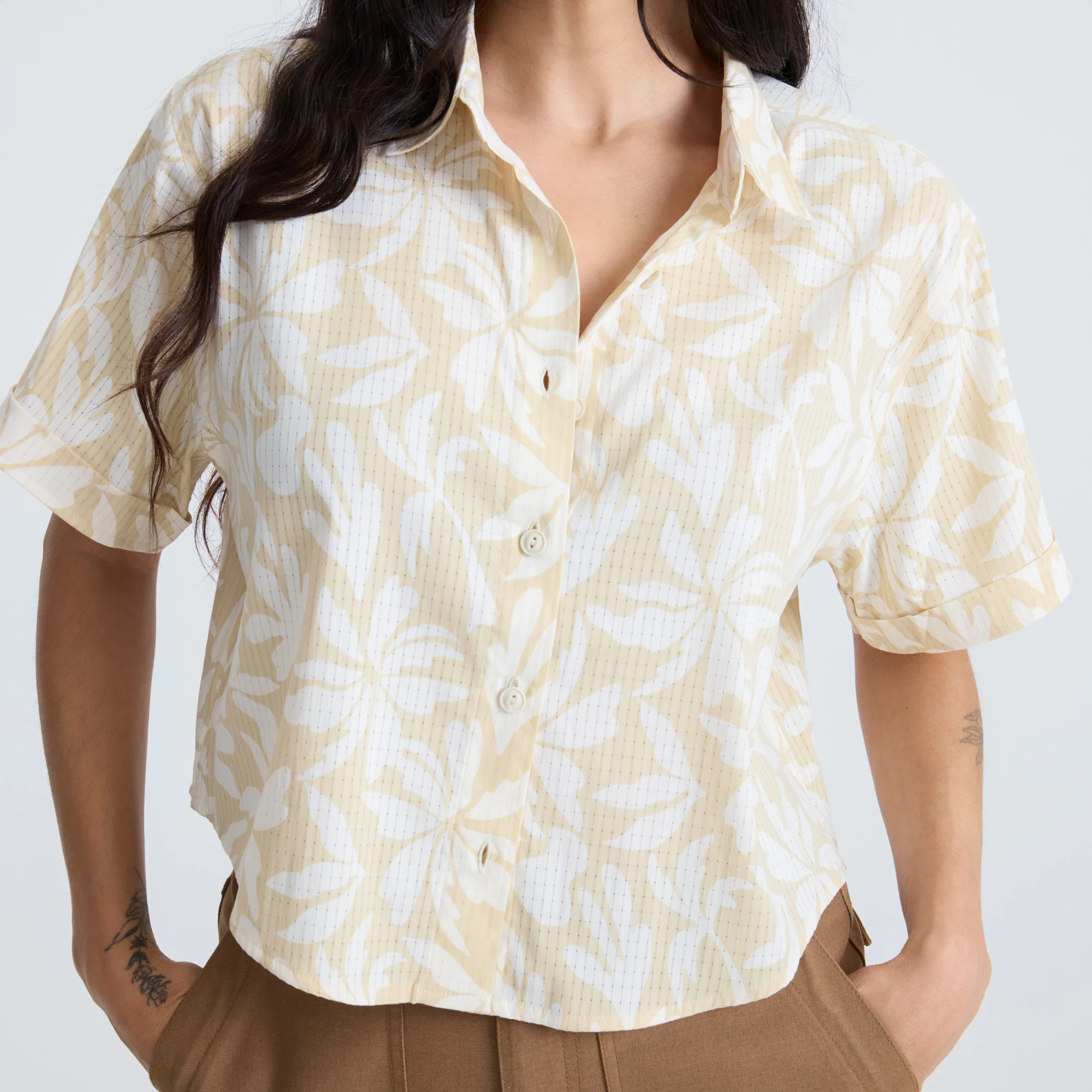 Bless Up Cropped Button Up Shirt - Sand - Image 4